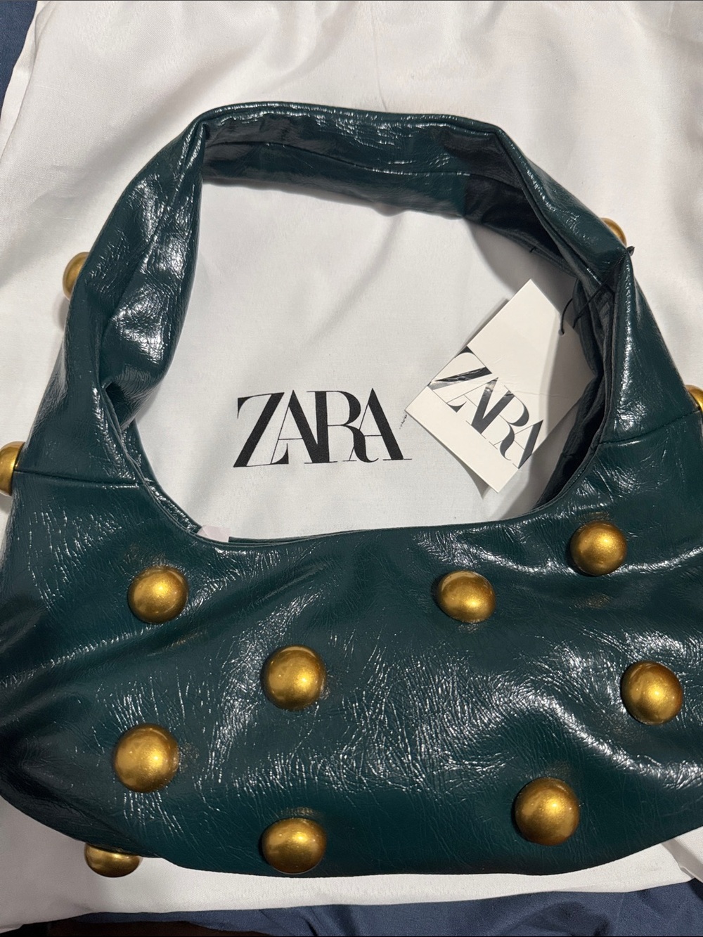 ZARA Emerald Green Shoulder Bag with Gold Studs